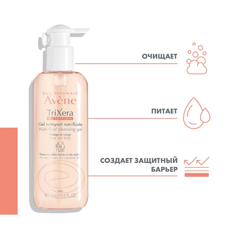 Avene TriXera Nutrition Гель очищающий для очень сухой чувствительной кожи лица и тела 400 мл