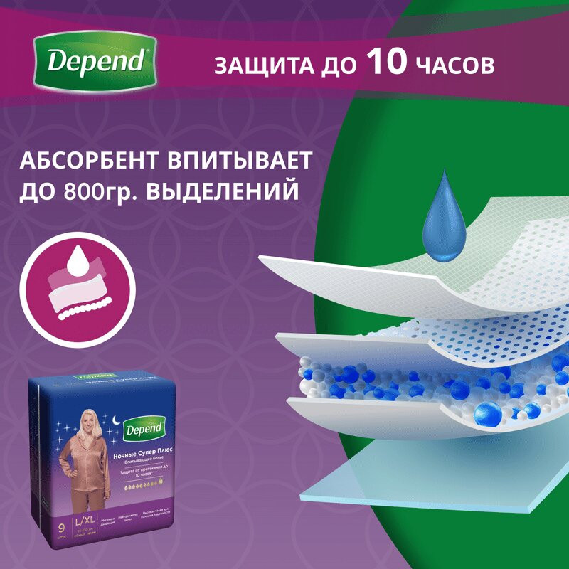 Depend Подгузники-трусы для женщин ночные размер L/XL 9 шт