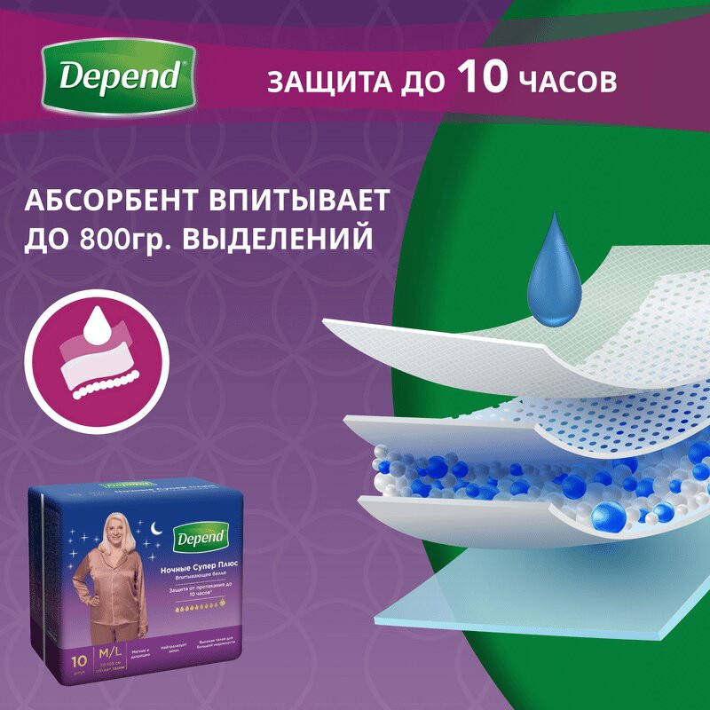 Depend Подгузники-трусы для женщин ночные размер M/L 10 шт